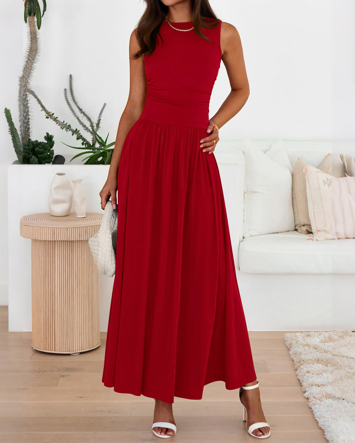 Women's Solid Sleeveless Ruched High Waisted Tank Dress with Pockets