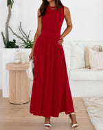 Women's Solid Sleeveless Ruched High Waisted Tank Dress with Pockets