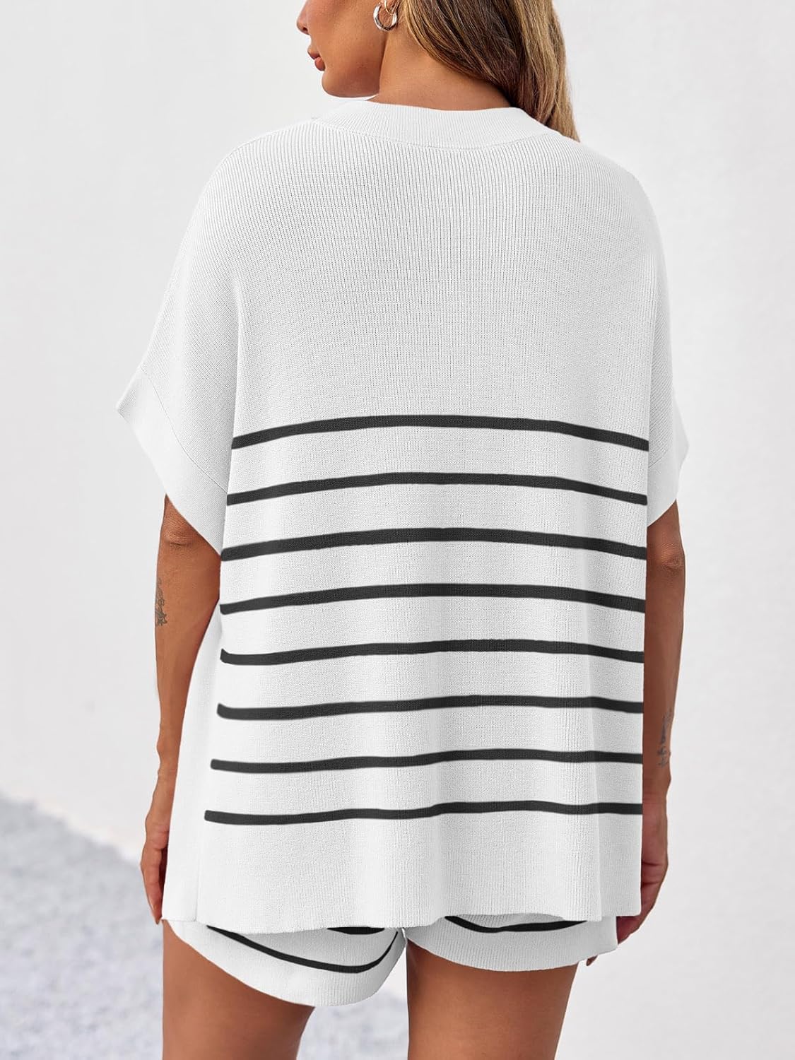 Women's Striped Batwing Short Sleeve Tops High Waisted Shorts Knit Lounge Sets