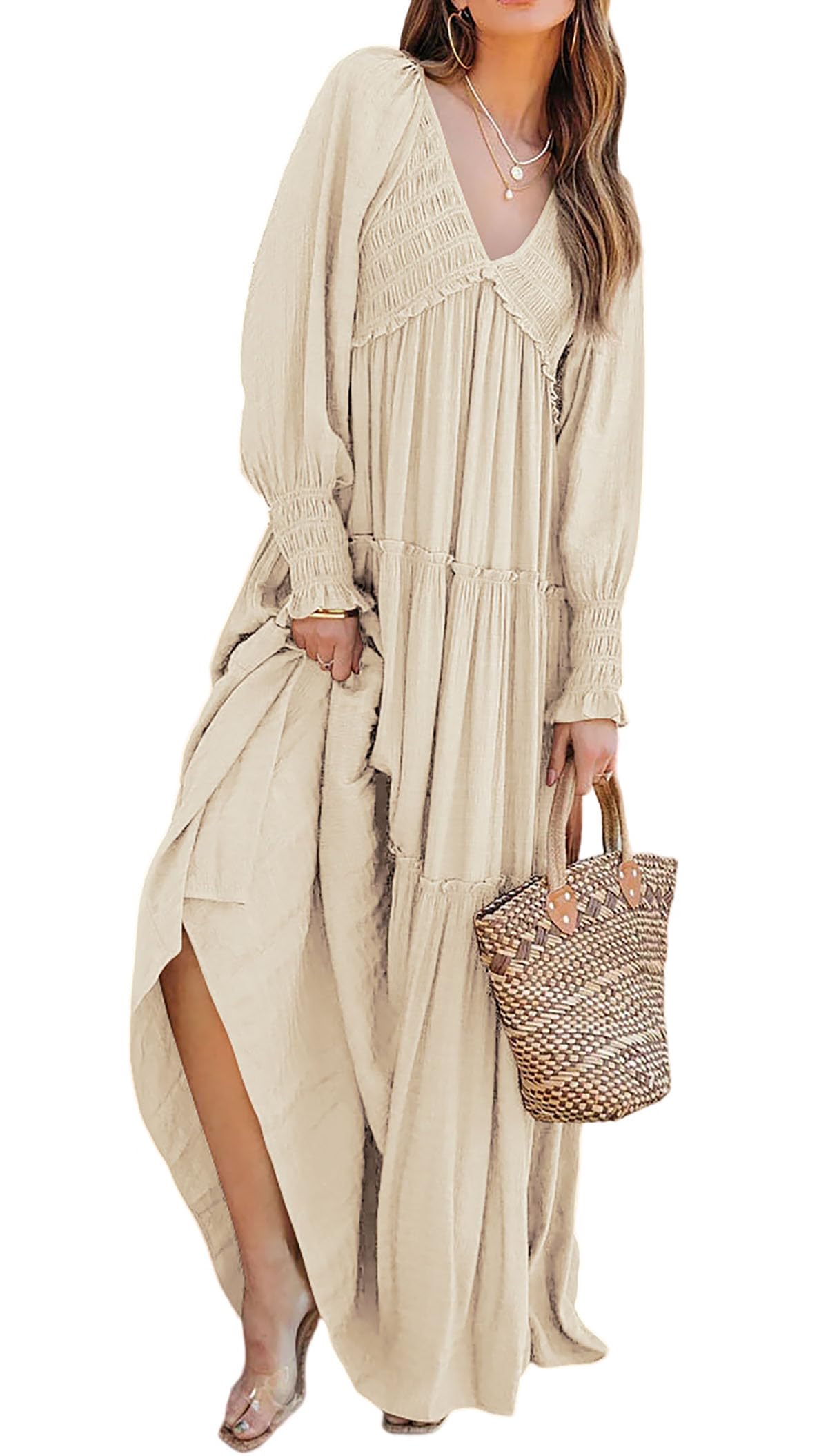 Women's Long Sleeve V Neck Boho Flowy Maxi Dresses