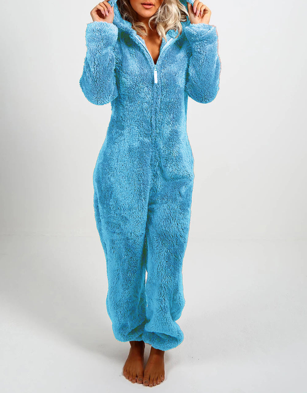 Women's Pajamas Furry Zipper Jumpsuit Hooded Pajamas
