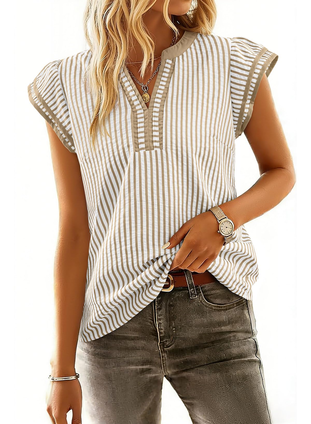 Women's Casual V Neck Flutter Sleeves Striped Top