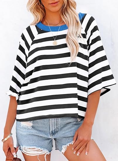 Women's Drop Shoulder Short Sleeve Striped Casual T-Shirts