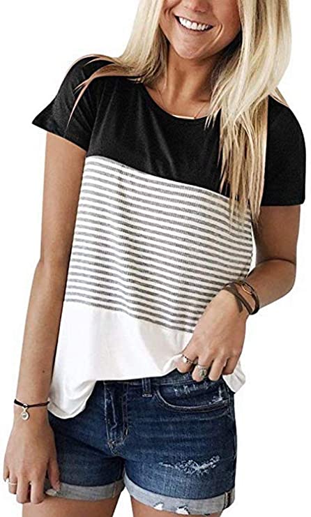 Striped Panel Crew Neck Short Sleeve Casual T-Shirt
