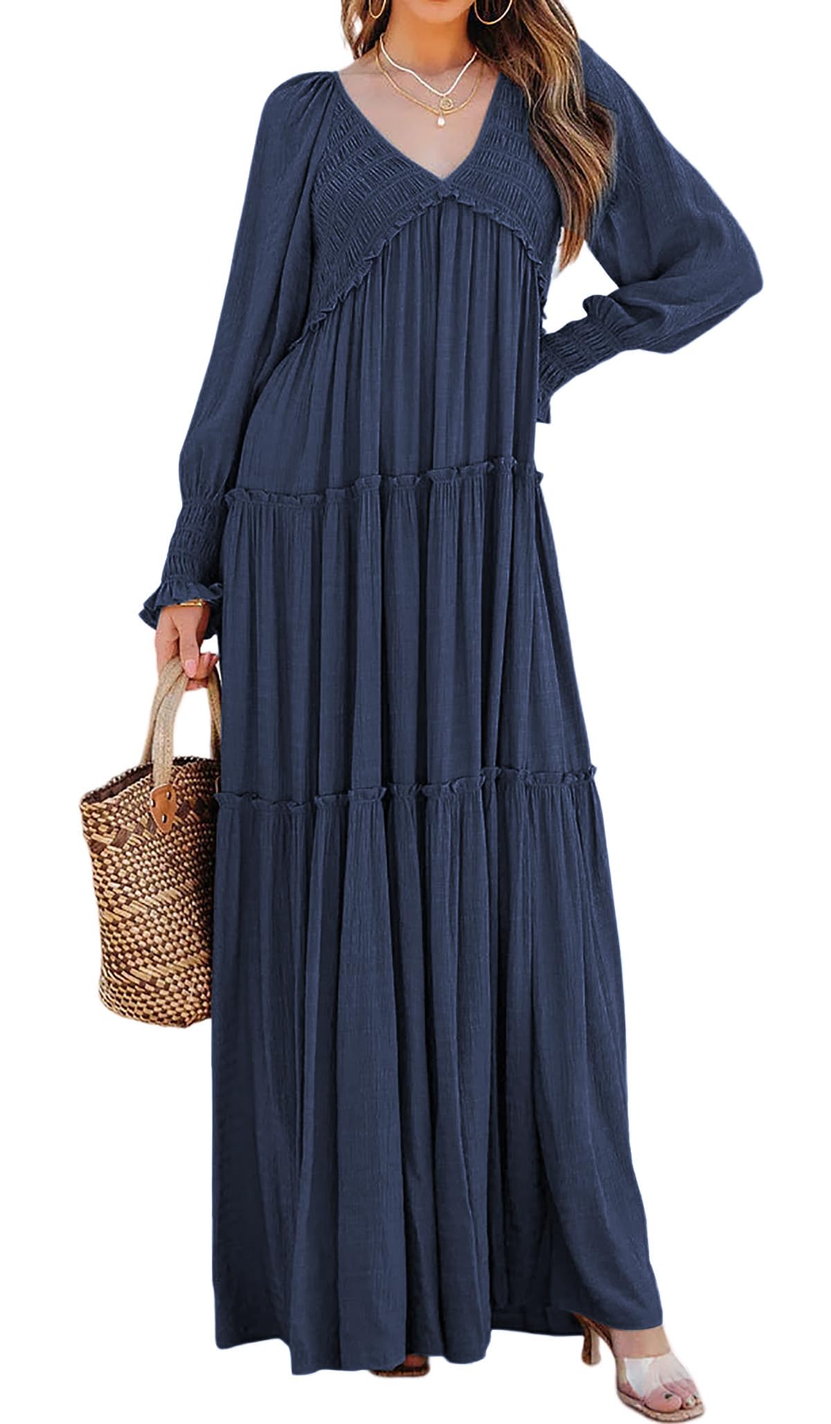 Women's Long Sleeve V Neck Boho Flowy Maxi Dresses