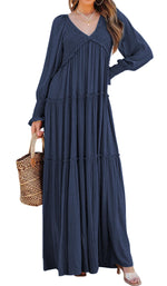 Women's Long Sleeve V Neck Boho Flowy Maxi Dresses