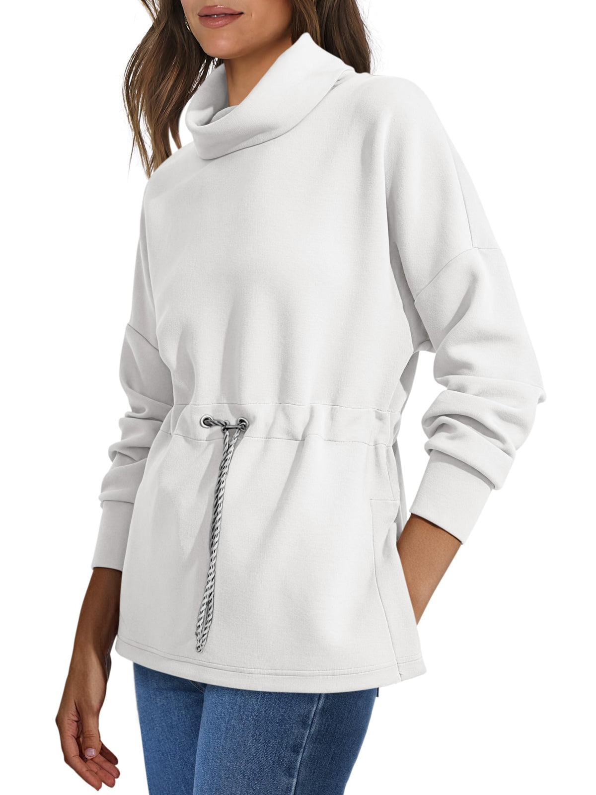 Women's Turtleneck Drawstring Waist Pullover Tops