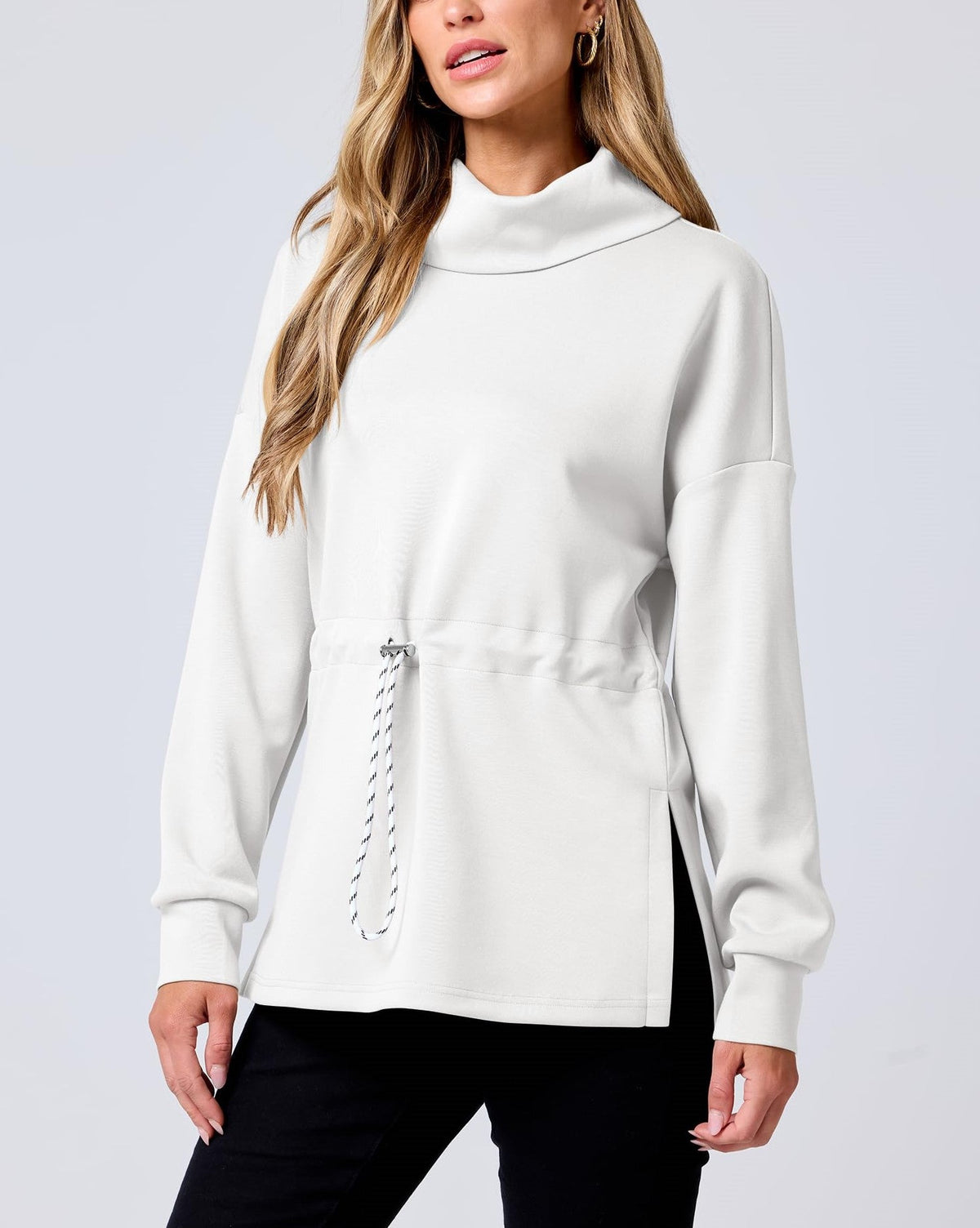 Women's Turtleneck Drawstring Waist Pullover Tops