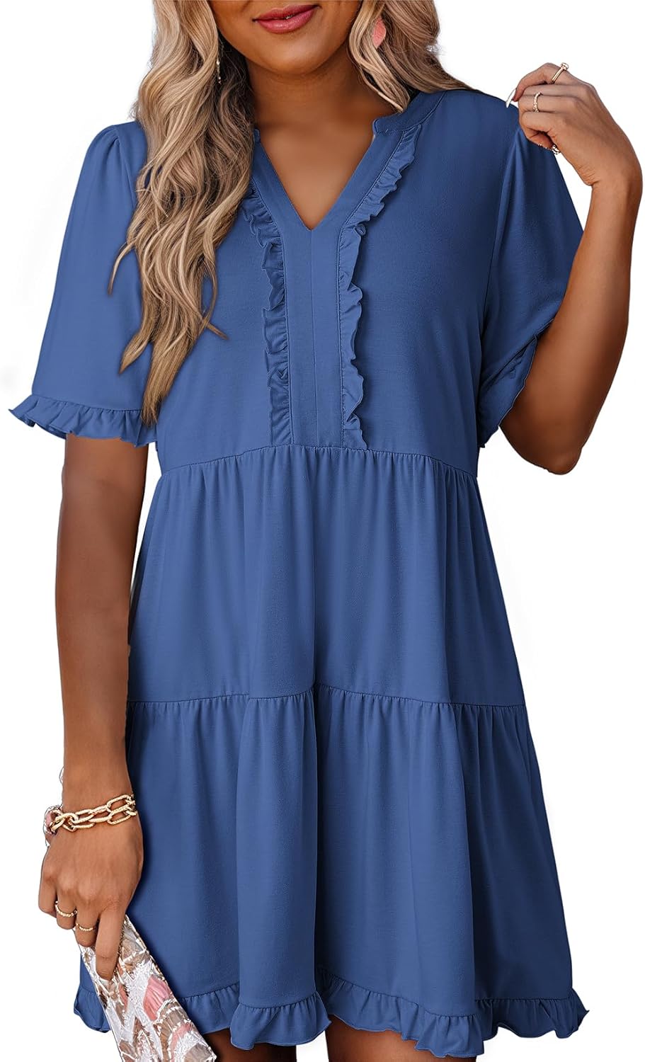 Women's V Neck Short Sleeve Casual A Line Flowy Swing Dress