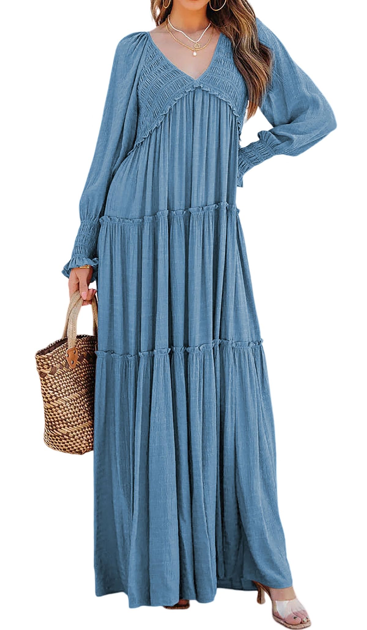Women's Long Sleeve V Neck Boho Flowy Maxi Dresses