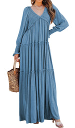 Women's Long Sleeve V Neck Boho Flowy Maxi Dresses