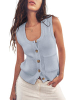 Women's Knitted Ribbed Sleeveless Button Down Top