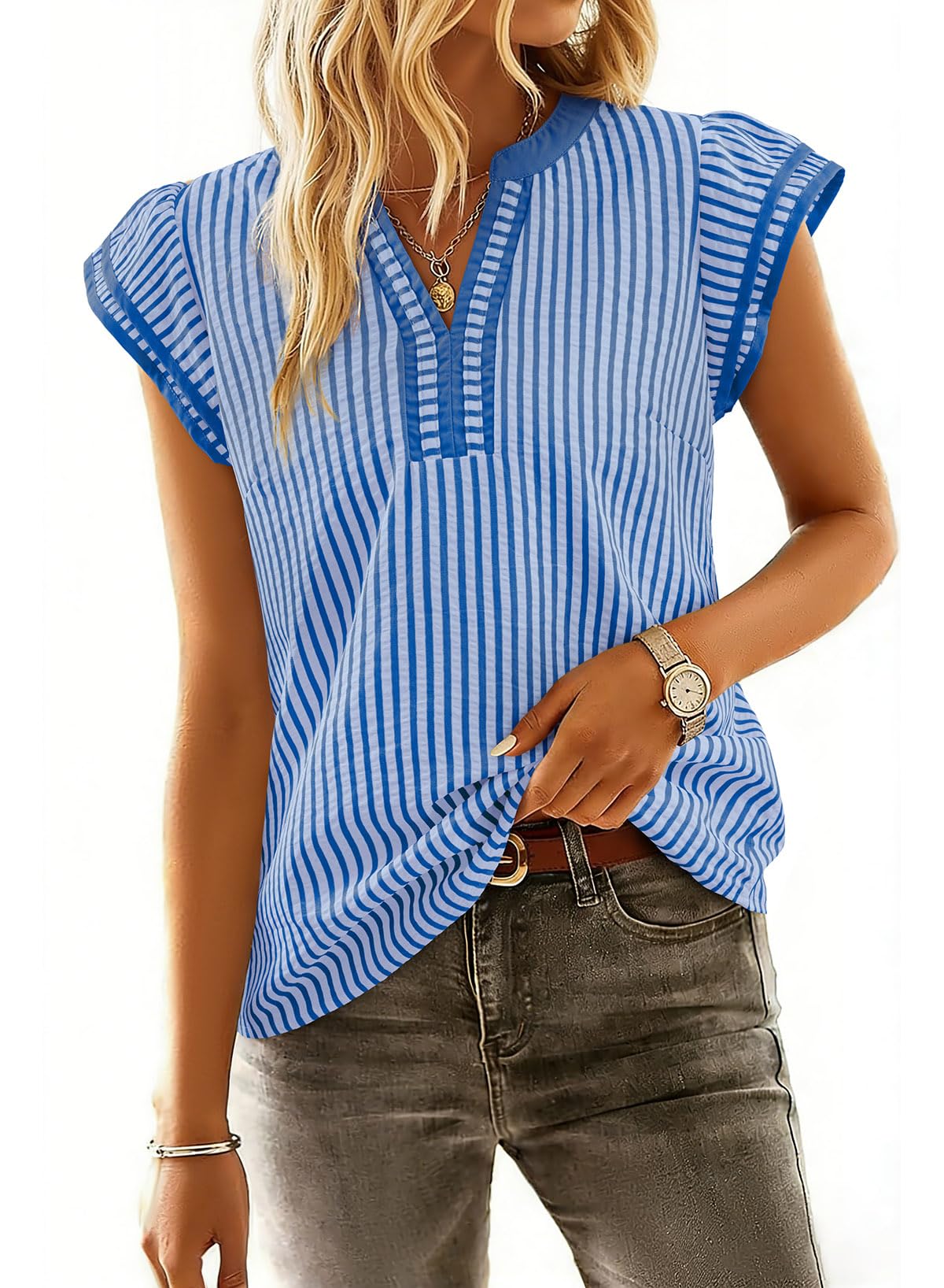 Women's Casual V Neck Flutter Sleeves Striped Top