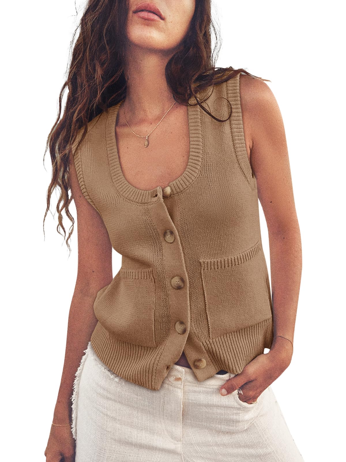 Women's Knitted Ribbed Sleeveless Button Down Top