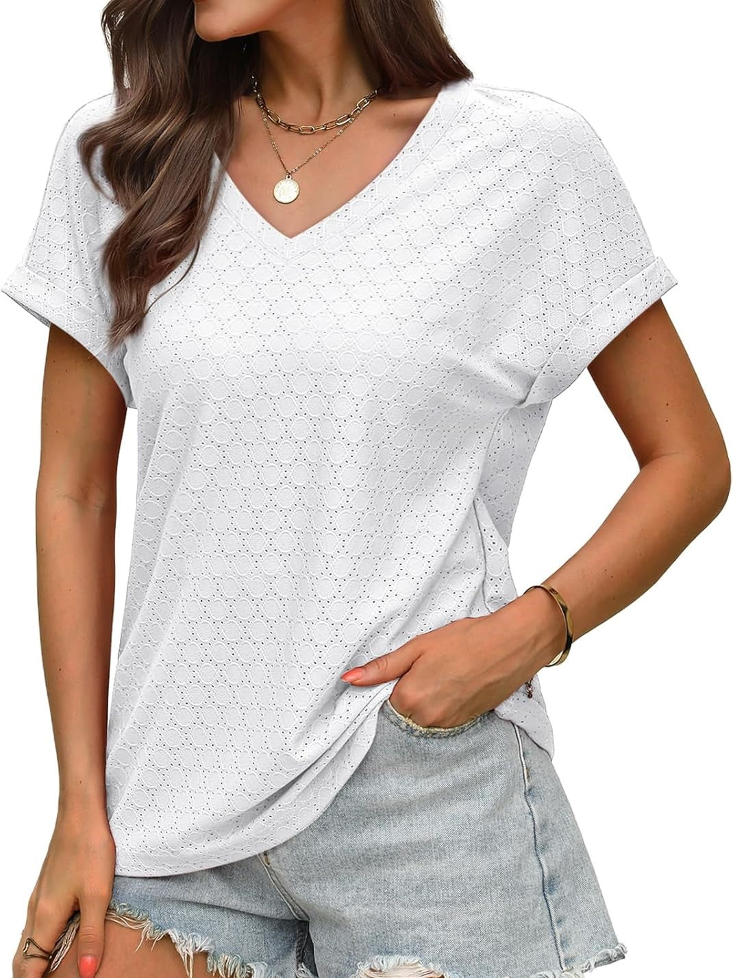 Women's Casual V Neck Short Sleeve Eyelet Tops