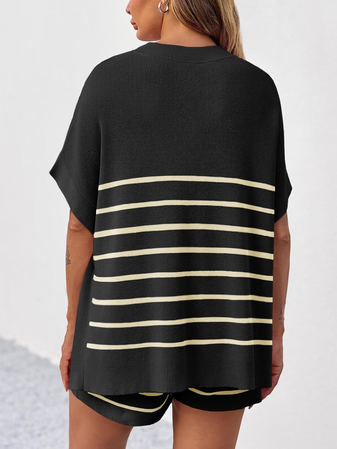 Women's Striped Batwing Short Sleeve Tops High Waisted Shorts Knit Lounge Sets