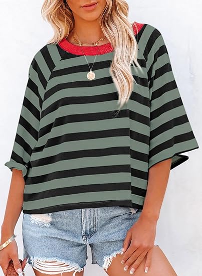Women's Drop Shoulder Short Sleeve Striped Casual T-Shirts