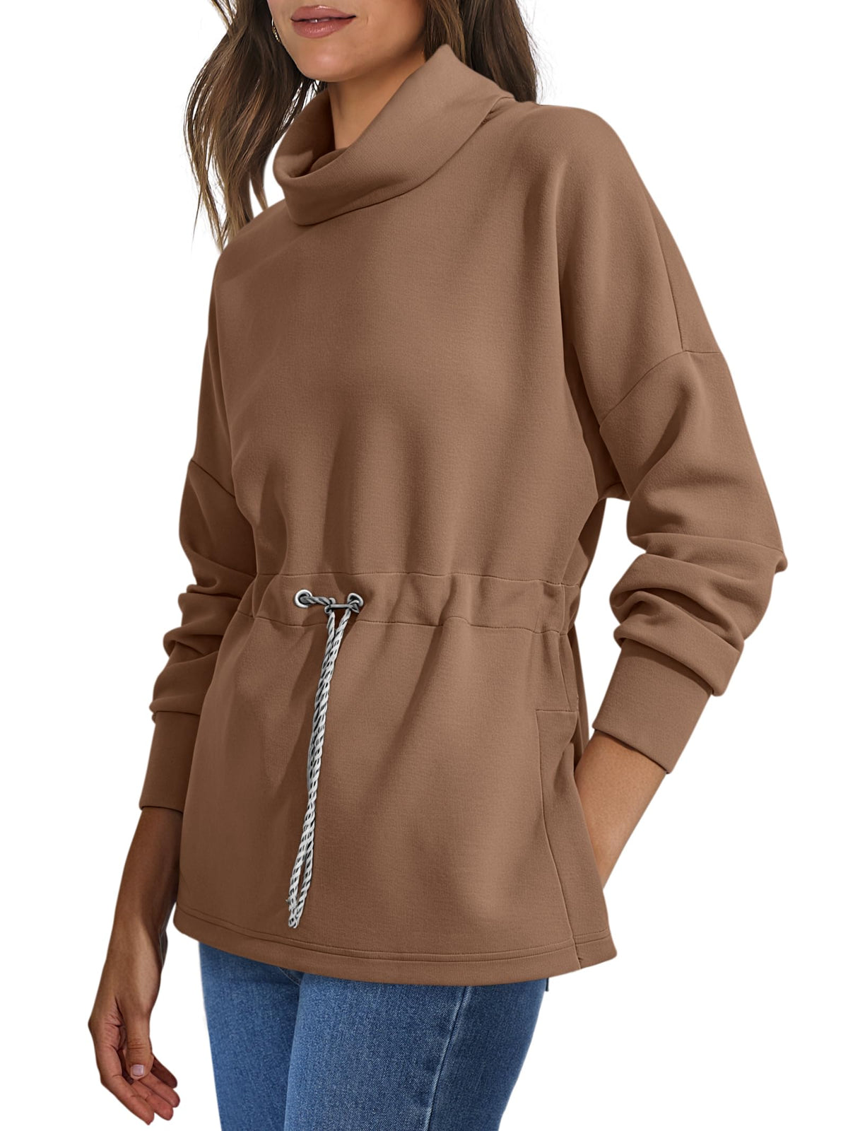 Women's Turtleneck Drawstring Waist Pullover Tops