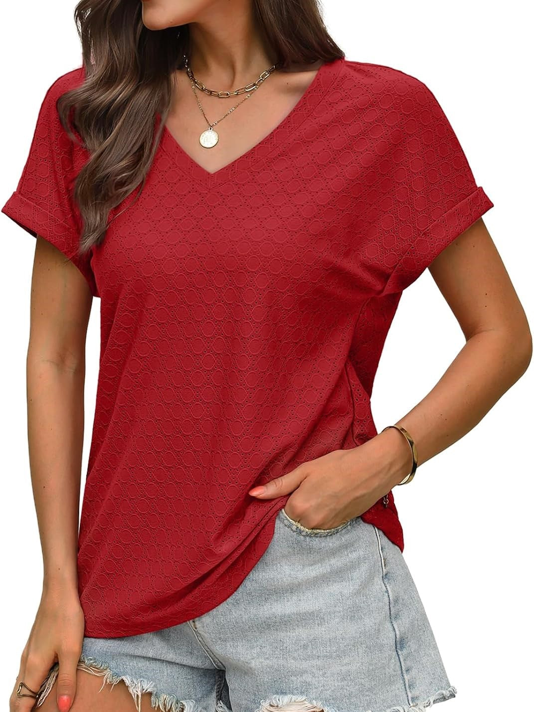 Women's Casual V Neck Short Sleeve Eyelet Tops