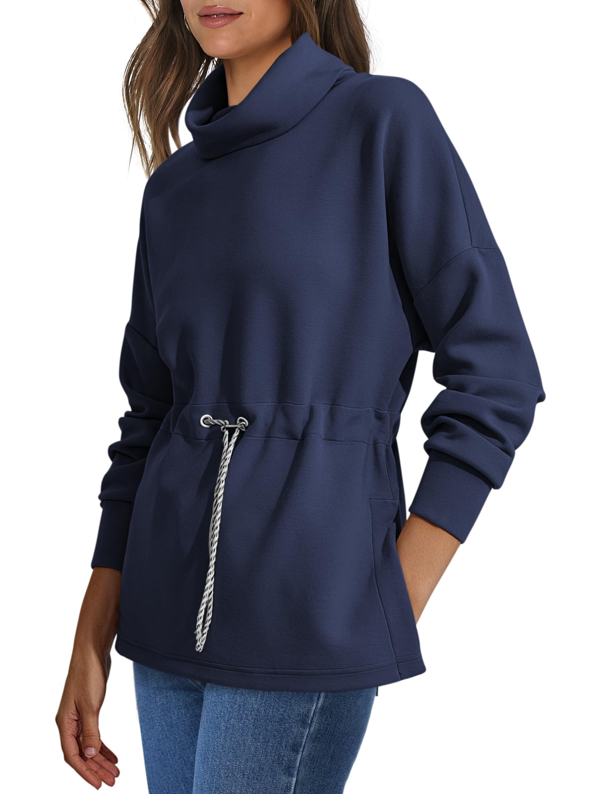Women's Turtleneck Drawstring Waist Pullover Tops