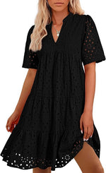Women's V Neck Short Sleeve Hollow Out Mini Vacation Dress