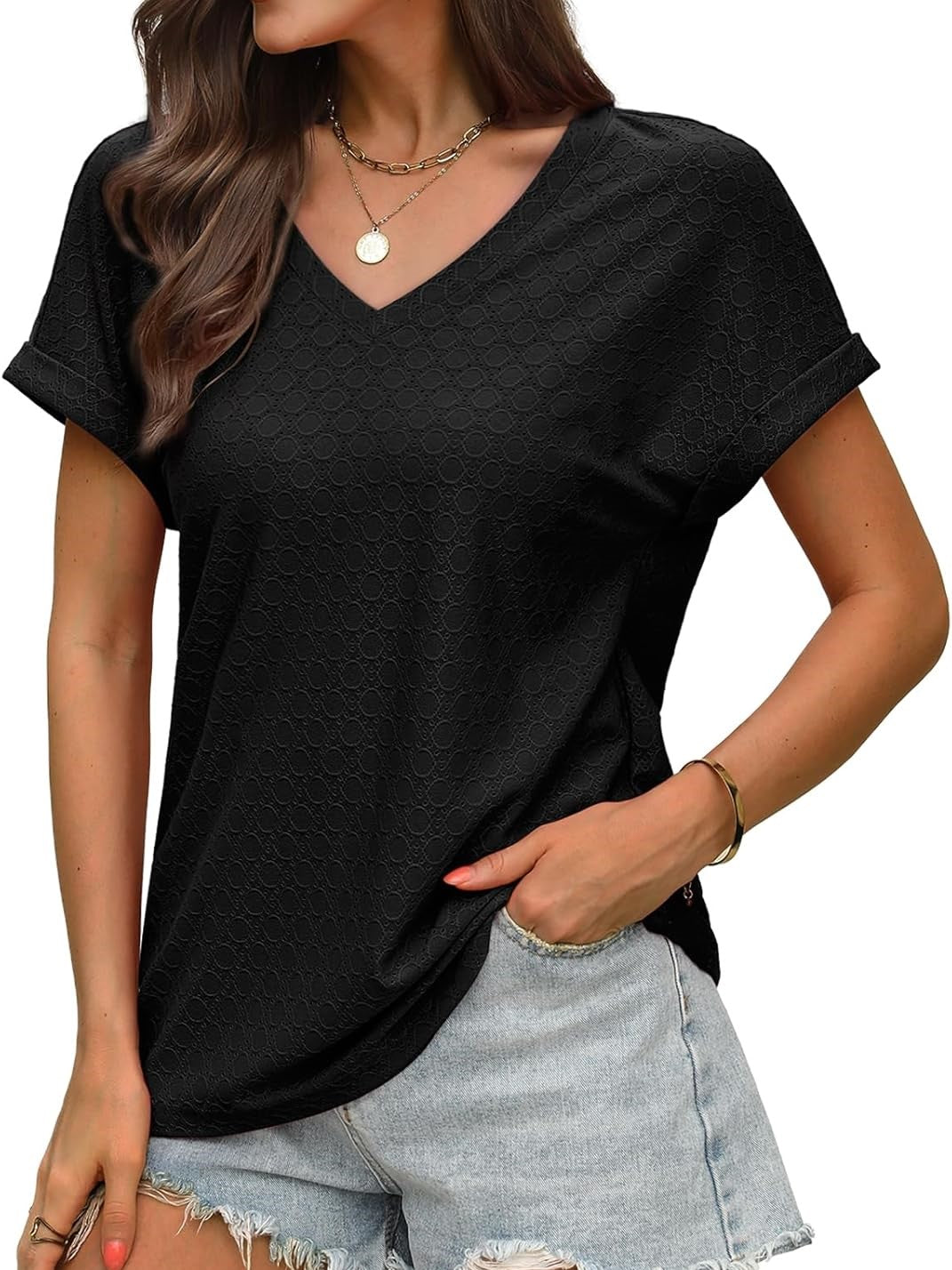 Women's Casual V Neck Short Sleeve Eyelet Tops