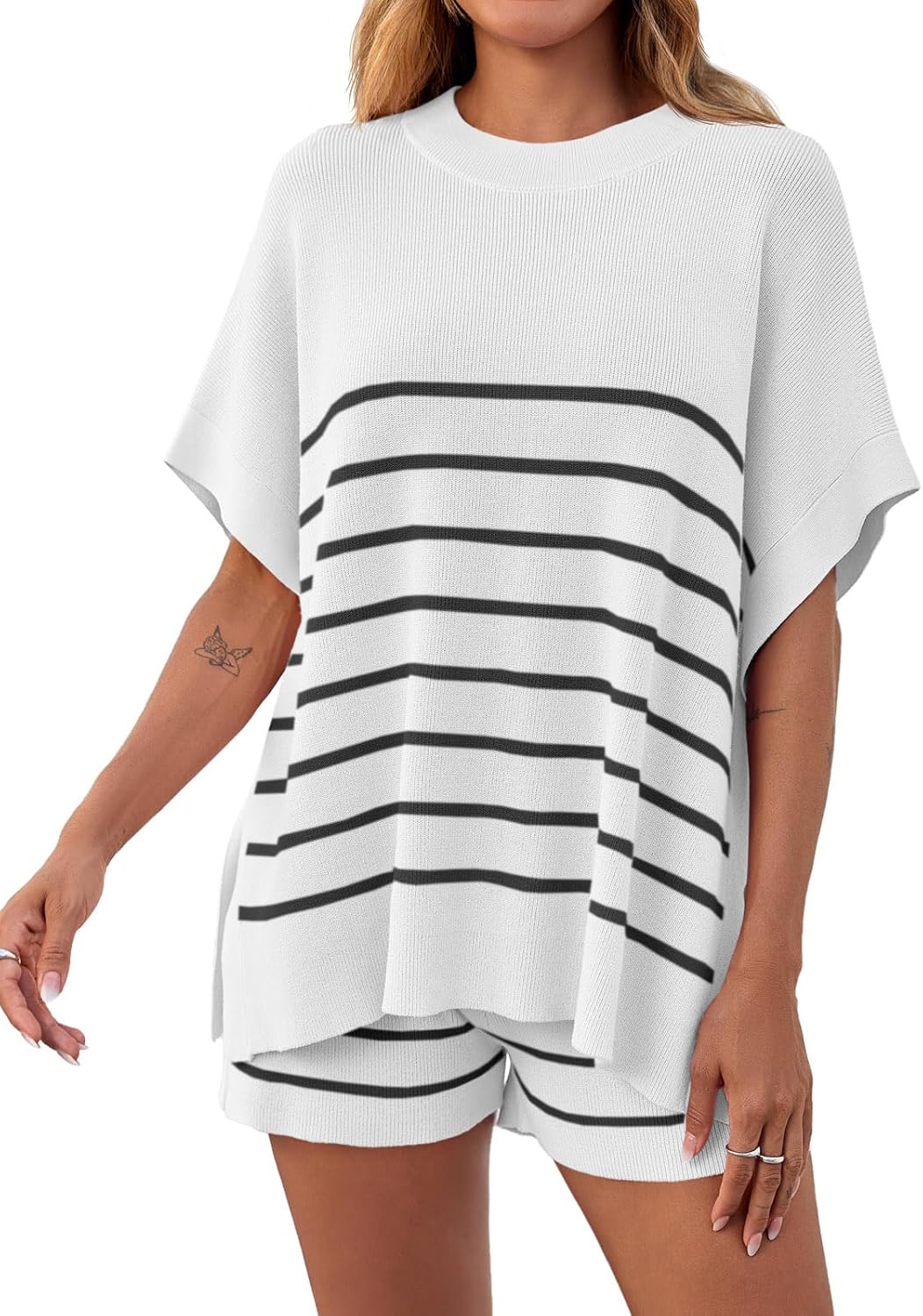 Women's Striped Batwing Short Sleeve Tops High Waisted Shorts Knit Lounge Sets