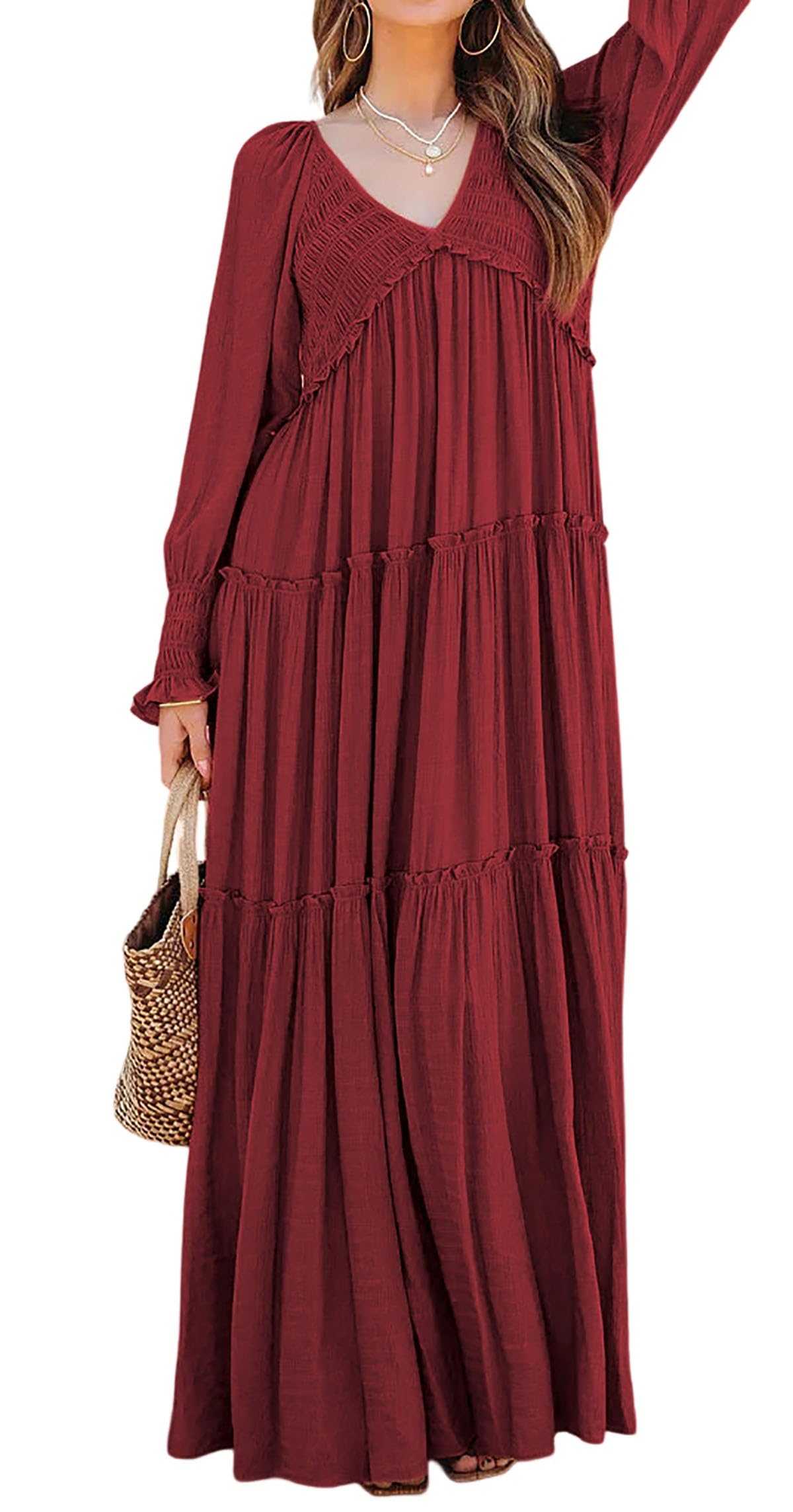 Women's Long Sleeve V Neck Boho Flowy Maxi Dresses
