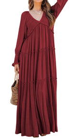 Women's Long Sleeve V Neck Boho Flowy Maxi Dresses