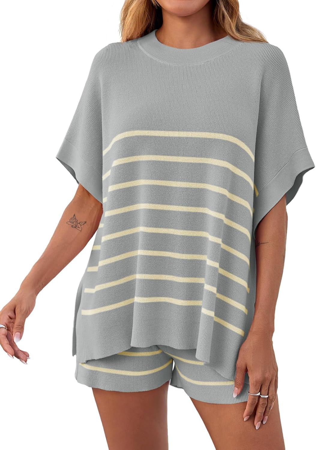 Women's Striped Batwing Short Sleeve Tops High Waisted Shorts Knit Lounge Sets