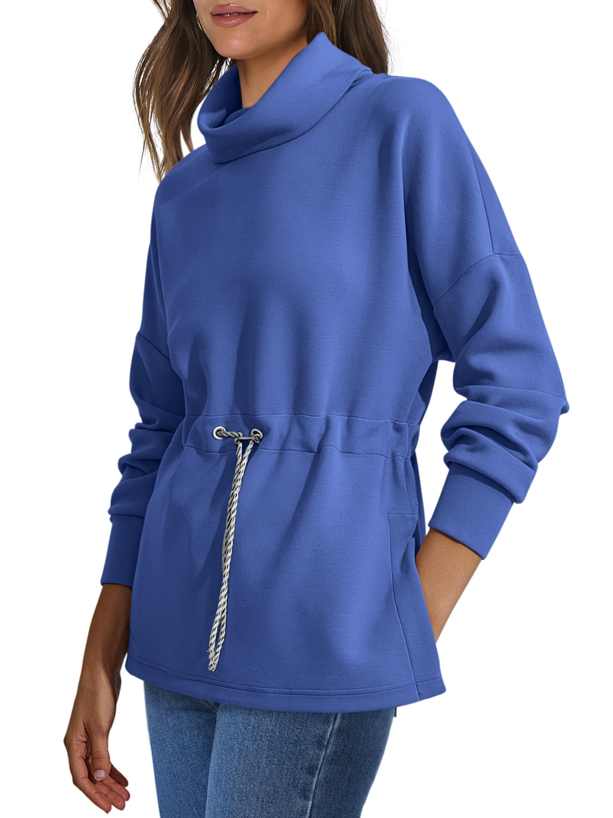 Women's Turtleneck Drawstring Waist Pullover Tops