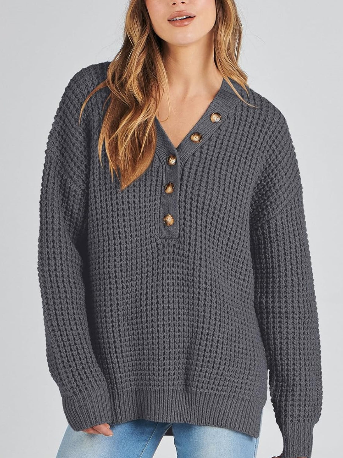 Women's Waffle Side Slit Knit Sweater