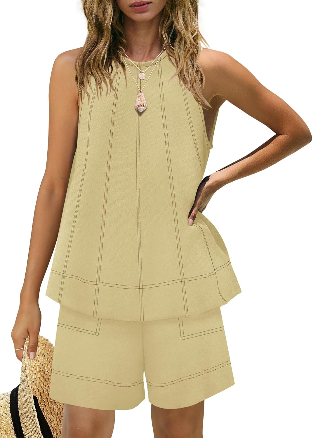 Women's Stitching Tank Tops and High Waist Shorts Set