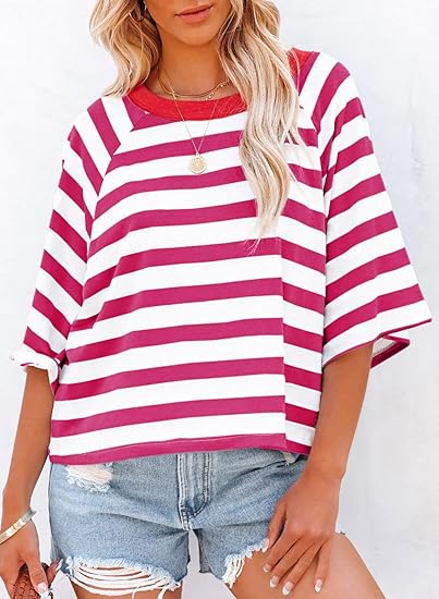 Women's Drop Shoulder Short Sleeve Striped Casual T-Shirts