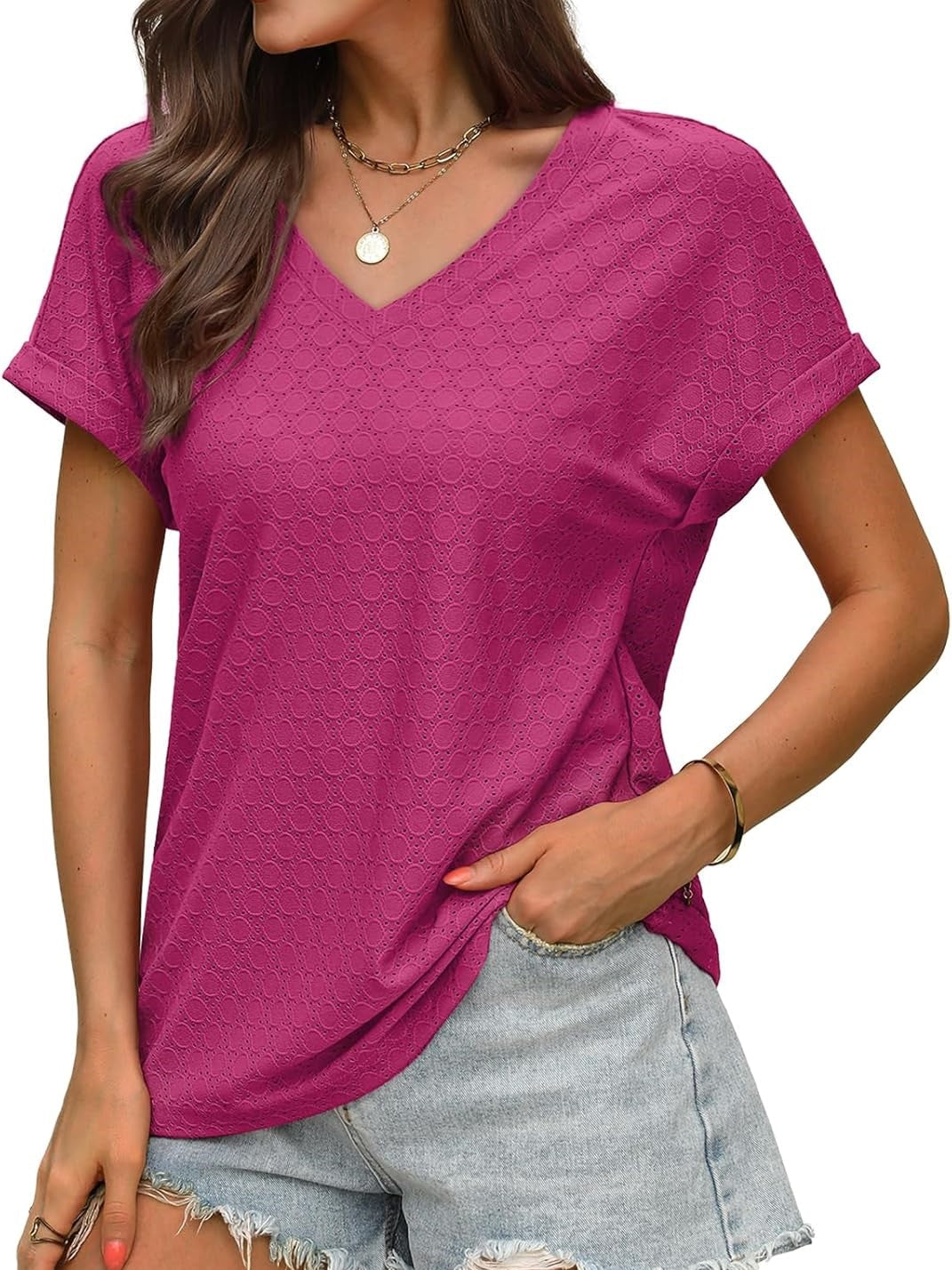 Women's Casual V Neck Short Sleeve Eyelet Tops