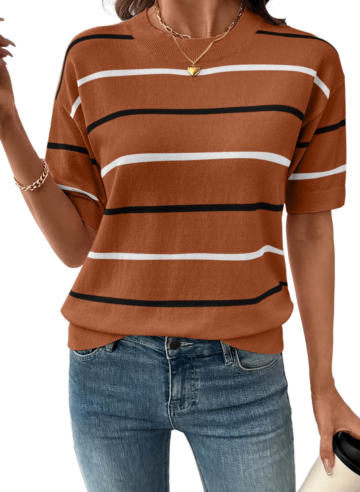Women'sCrewneck Short Sleeve Knit Striped Tops