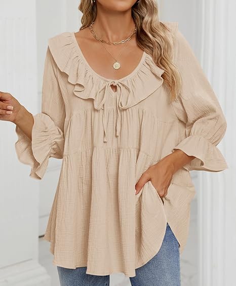 Women's 3/4 Sleeve Tie-Front Ruffled Babydoll Blouse