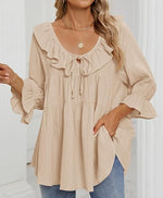 Women's 3/4 Sleeve Tie-Front Ruffled Babydoll Blouse
