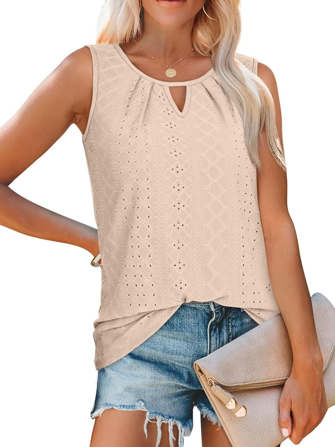 Women's Summer Keyhole Neck Pleated Tank Tops