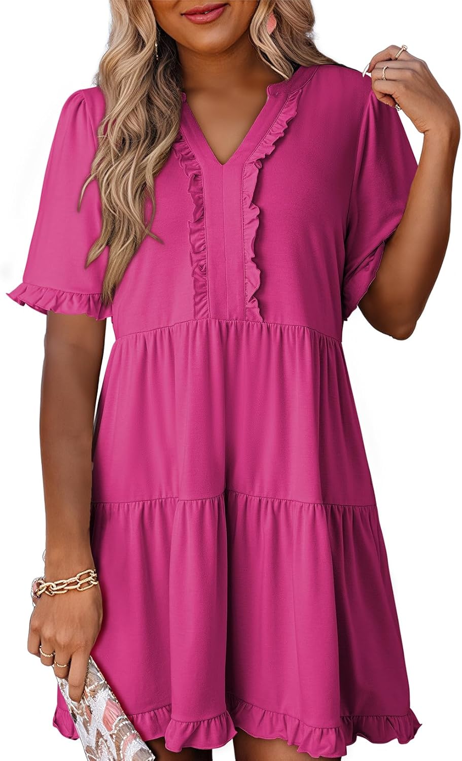Women's V Neck Short Sleeve Casual A Line Flowy Swing Dress