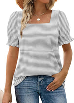 Women's Square Neck Smocked Sleeve Casual Tops