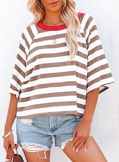 Women's Drop Shoulder Short Sleeve Striped Casual T-Shirts