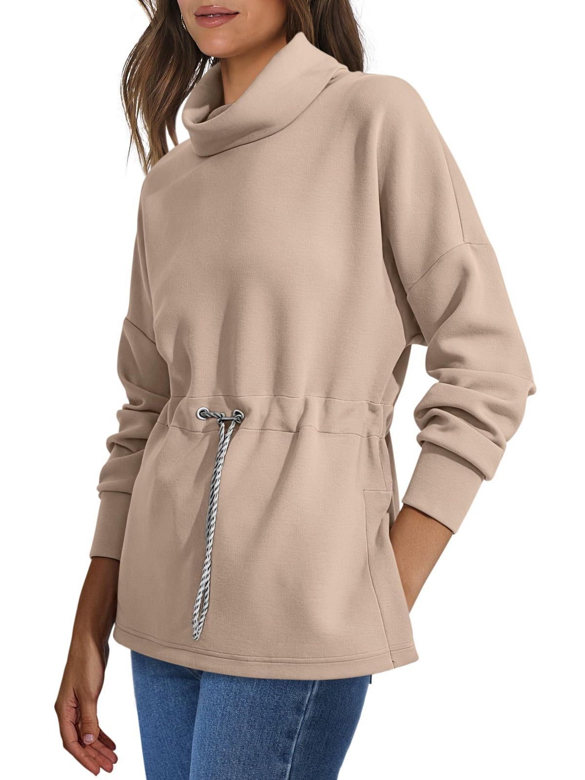 Women's Turtleneck Drawstring Waist Pullover Tops