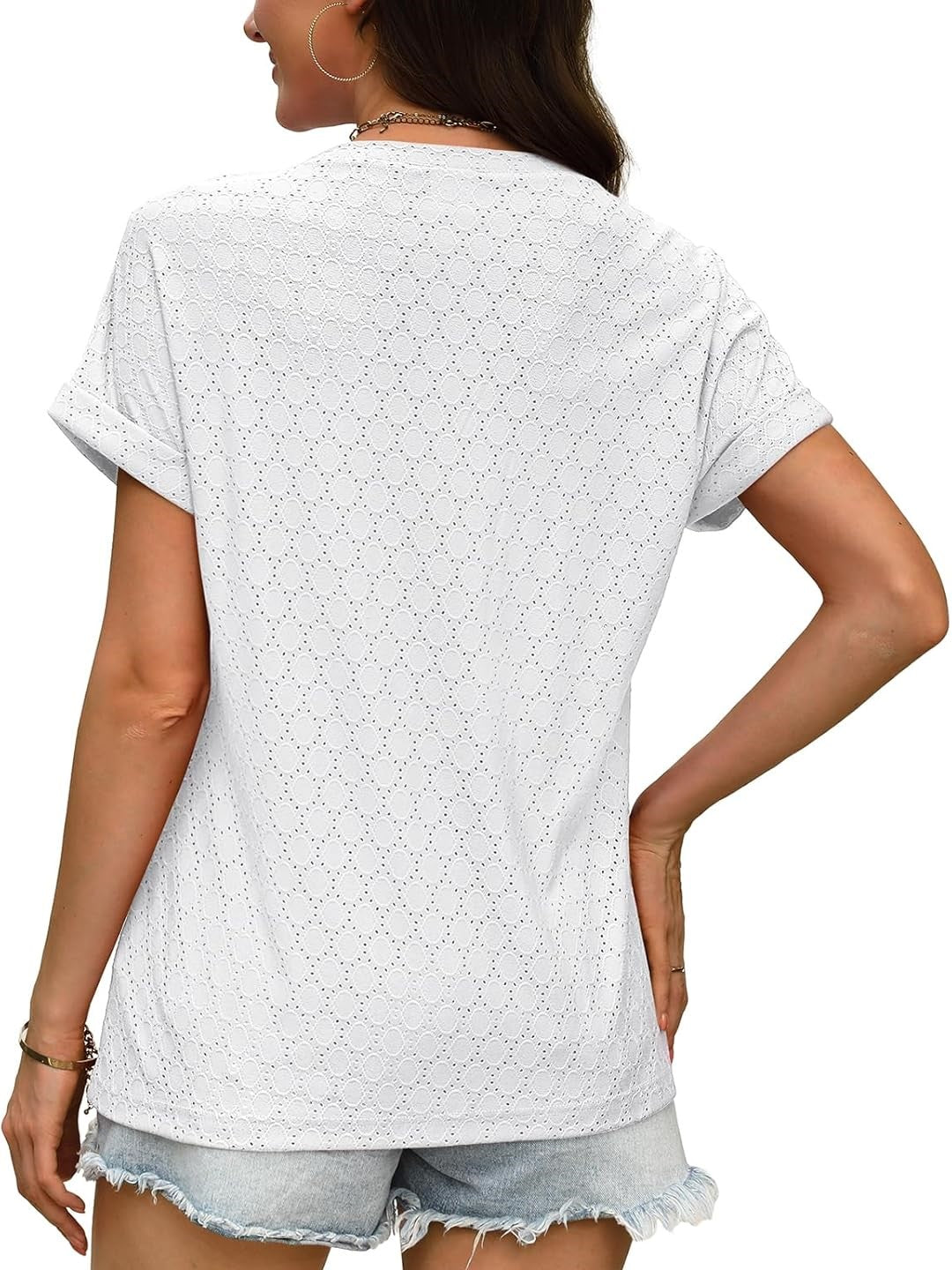Women's Casual V Neck Short Sleeve Eyelet Tops