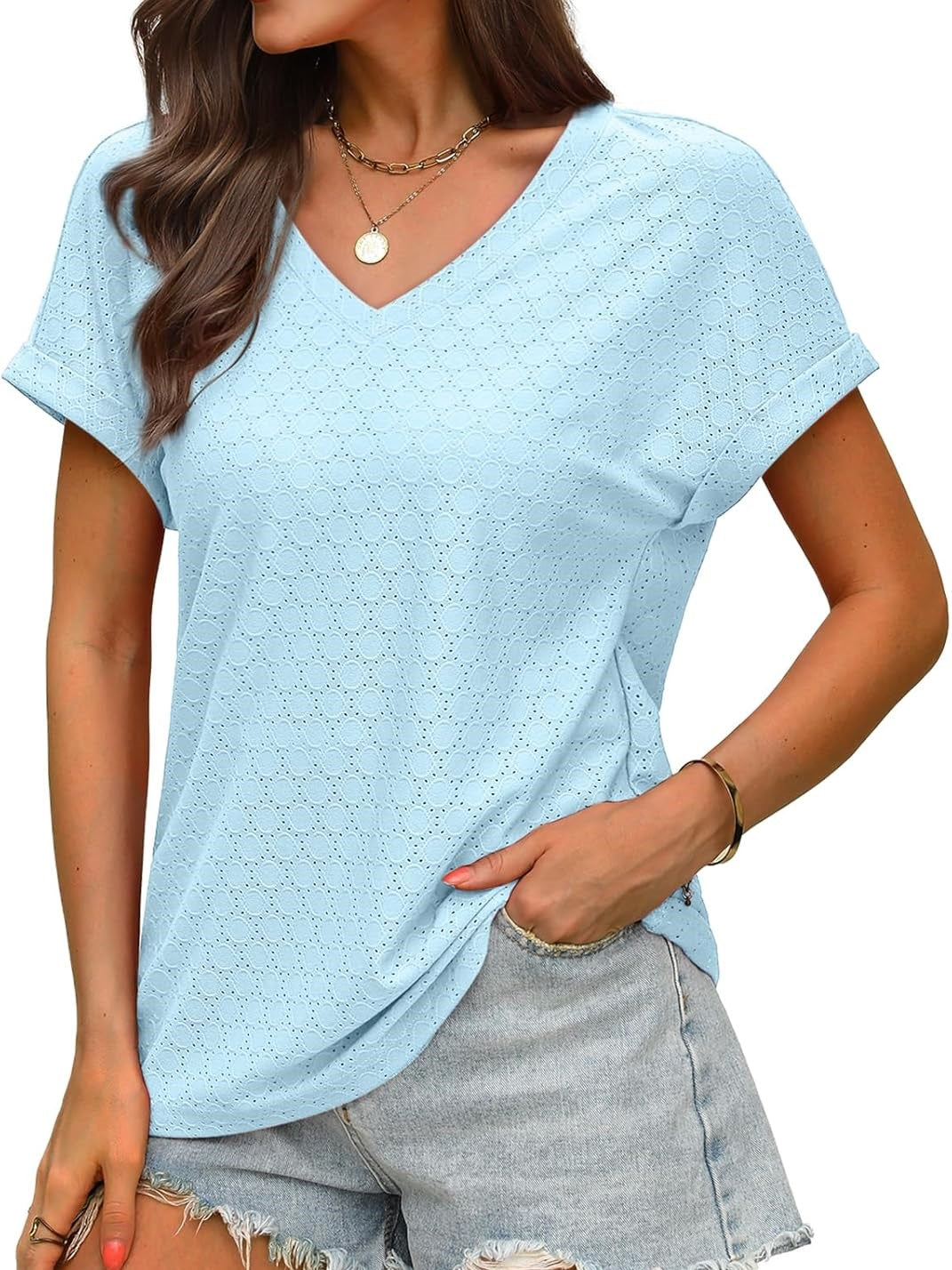 Women's Casual V Neck Short Sleeve Eyelet Tops