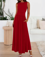 Women's Solid Sleeveless Ruched High Waisted Tank Dress with Pockets