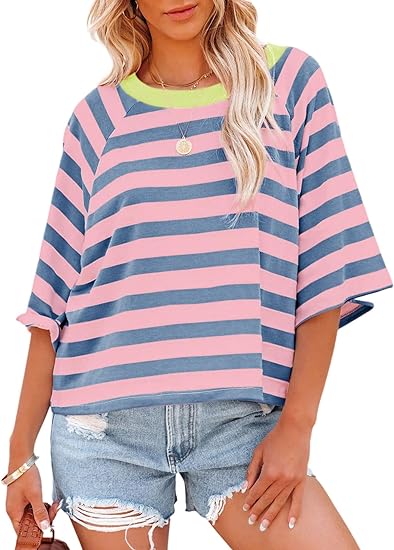 Women's Drop Shoulder Short Sleeve Striped Casual T-Shirts