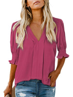 Women's Solid Casual V Neck Puff Sleeve Shirts