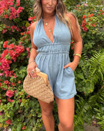 Women's Adjustable Back Tie Halter Denim Romper