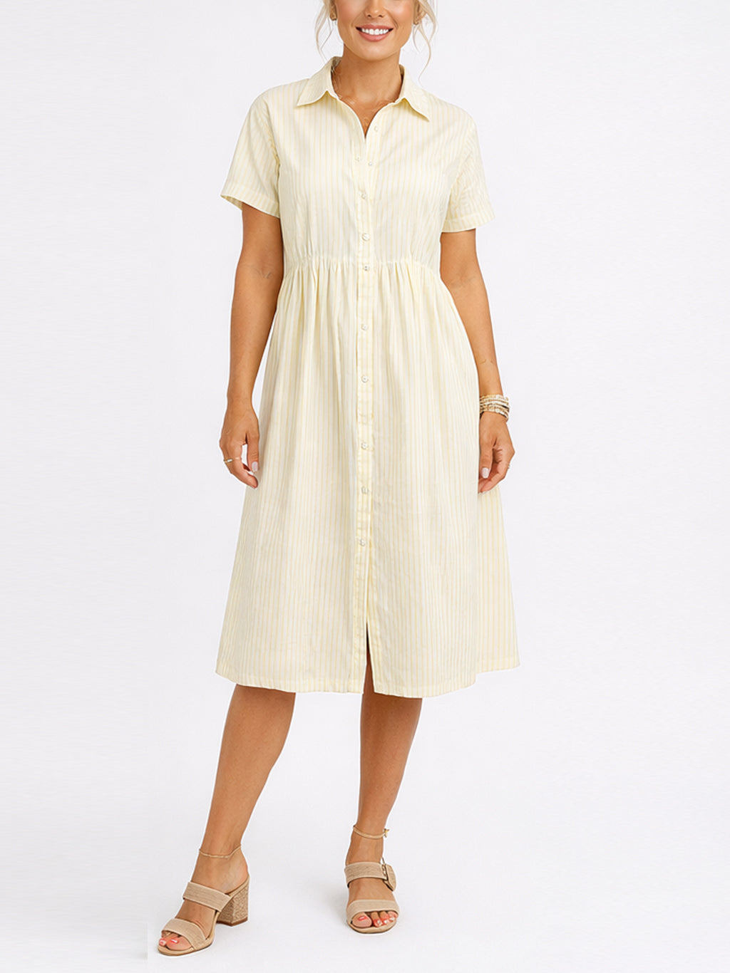 Women's Striped Cotton Shirt Dress with Pockets